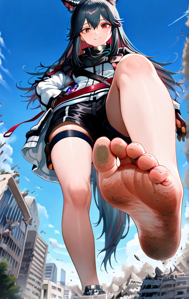((best quality)), ((masterpiece)), (detailed), giantess, black long hair, red eyes, anime style, black and red sailor school uniform, city, from below pov, barefoot, city getting stepped on by foot, micro city