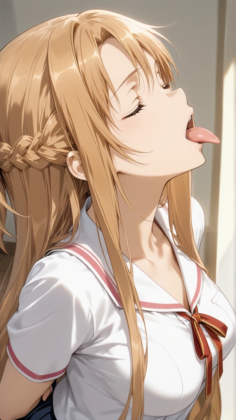 Highest quality、Very detailed、High resolution illustrations、Ultra-high-definition CG、８k size wallpaper、Production art、Light Novel Illustration、(One Girl), asuna yuuki, long hair, bangs, brown hair, brown eyes, very long hair, braid, Long Hair,Beautiful background ,Completely naked, chest, Bent body,Lie in, Look to the side, Worried face, The female genitals are in full view, Drunk look, Kneel、Hot body、Sweaty、 Browsing Caution、Verbal invitation、In the heat、１male、他人のchestを掴む、Upper Body、Several large veins in the penis,　(((Blowjob)))、(((sucking penis)))