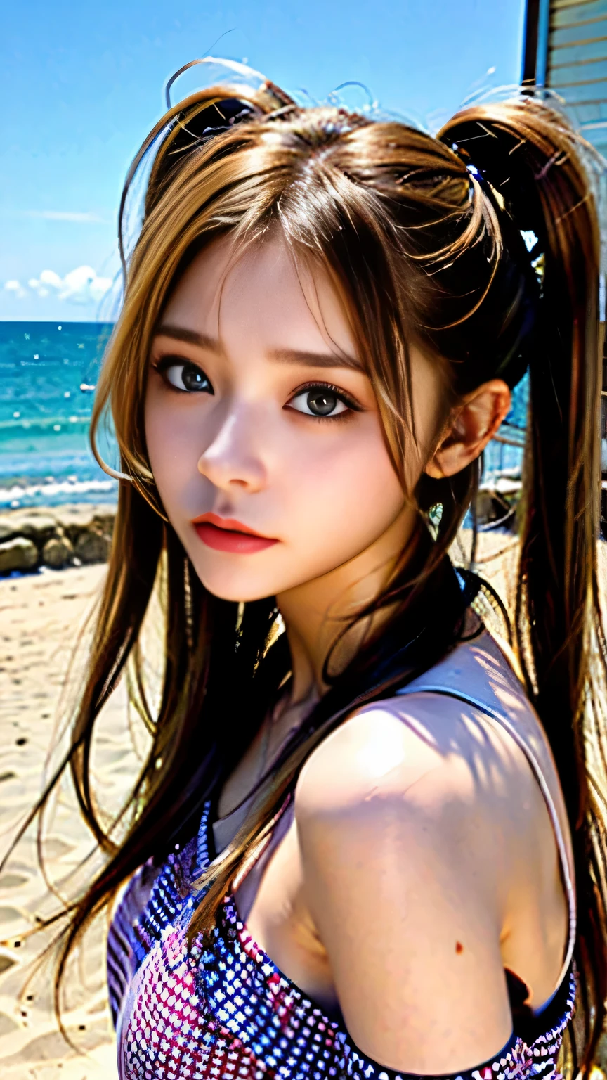 ((Realistic lighting、highest quality、8k、Masterpiece:1.3))、Clear focus:1.2、One girl、Perfect body beauty:1.4、Slim Abs:1.1、whole body、((Dark brown hair、Large Breasts:1.3))、(Acceleration:1.4)、(Fresh、Dawn:1.1)、View of Waikiki Beach、Palm tree、Narrow Face、Beautiful Eyes、double eyelid、Fashion model posing、Floating Hair、Lingerie、pendant、