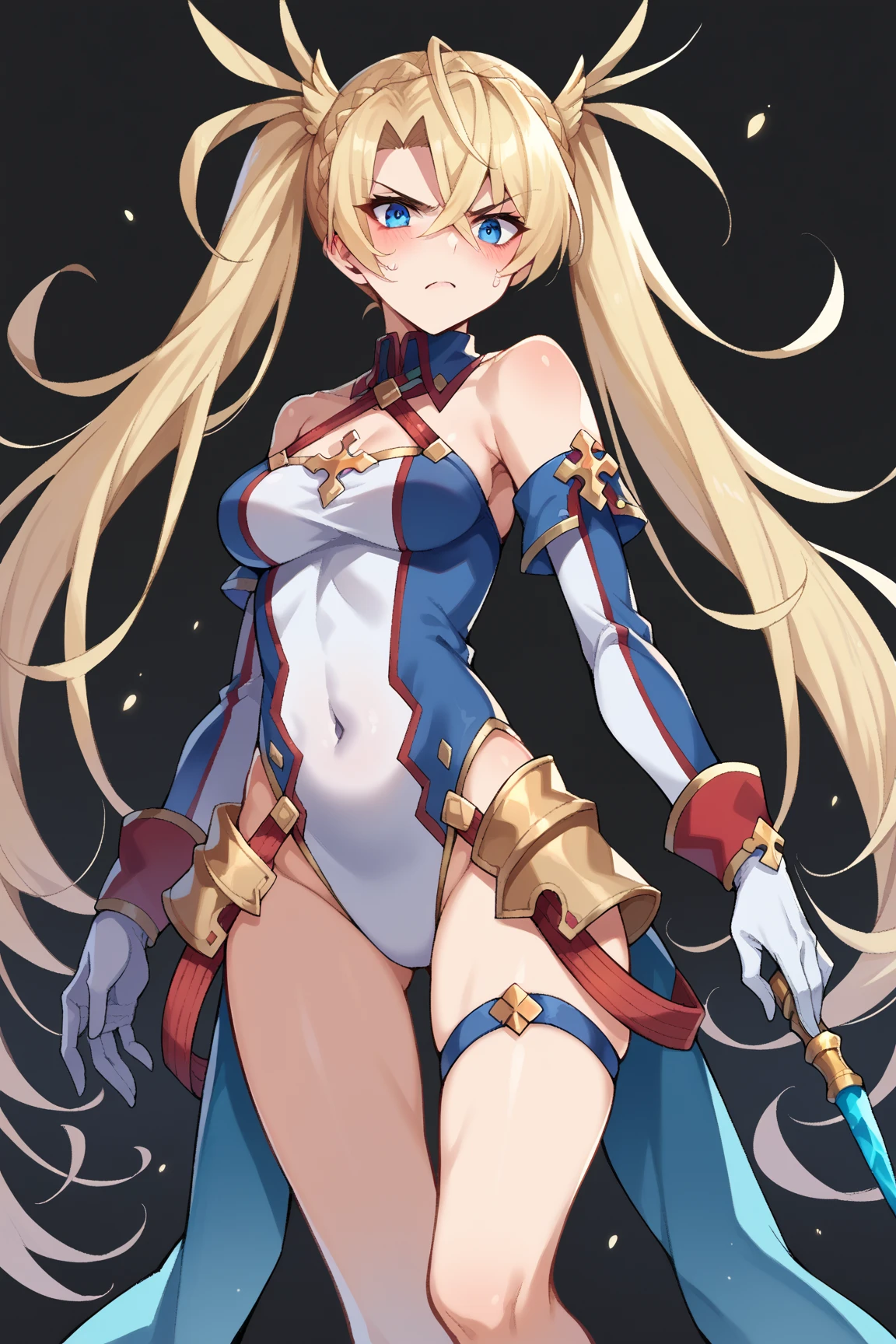 High quality, blue eyes, yellow hair, big breasts, medieval knight woman, blue bikini armor, castle in the background, metal gloves, metal boots, alone woman, full body.