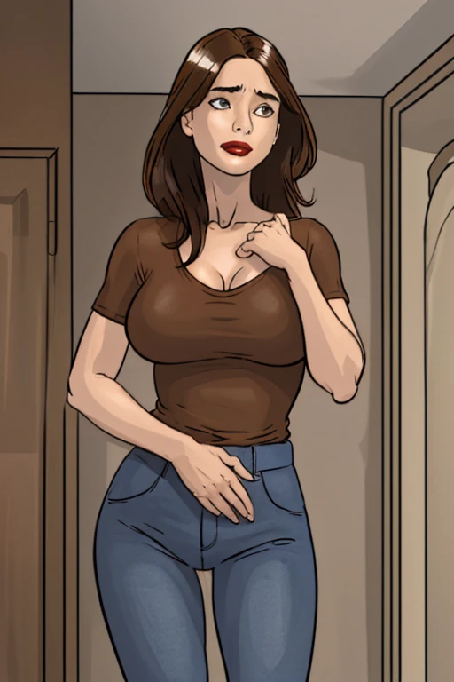 Thin woman, age 25, 4K (High definition), thoughtful, seducing gaze, eyes browns, wearing a beige dress with a boat neck and short sleeves, arms positioned at the side of the body, Caucasian skin, straight black hair down to shoulder length, standing (upper body slightly leaning forward, resting their hands on a table), full of curves with freckles across her chest and neck, natural round breasts. Marvel style high quality, white background.