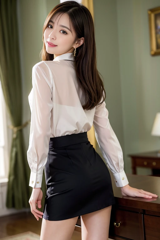 ​masterpiece, top-quality, 超A high resolution, (Photorealsitic:1.4), 32K,beautiful  lighting, Raw photography, 8K UHD, A detailed face, A detailed eye,Detailed eyes,Symmetrical eyes,Good balance between the left and right eyes,no-makeup:1.5,beautiful a girl, Cute little girl s,(((with round face,a baby face,Young Face, Narrow eyebrows,round upturned nose,Letter to))),(((Wearing a big white long shirt and a long pleated skirt,Wear a loose skirt))), (((［Big white long shirt:1.5,I wear a loose long skirt:1.5］,This is a common-sense configuration,Not erotic))),(Colossal tits:1.5,Big buttocks,Thicker thighs,bbw:1.6,Thick body line),((sideboob barbosa)),Inside the library, longshot,Facing backwards、Looks Back