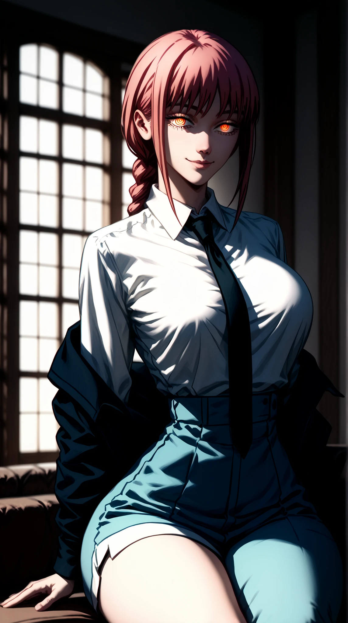 (masterpiece), (best quality), (high quality), 1girl (Bright red hair), (long braided hair), (bangs), ((((Golden eyes)))), makima \(chainsaw man\), (hyperdetailed clothing), long sleeves, workplace, office style, complex detailed background, 16K, (beautiful hyperdetailed face), (beautiful hyperdetailed eyes), Amazing lighting, (hyperdetailed realistic anatomy), hyperdetailed hands, (ulzzang-6500:1.0), (best quality), (ultra high res), (photorealistic:1.4), 1girl, (sharp focus:1.4), clear detailed shiny skin, light rays, beautiful legs, f2.0, dust particles, sharp focus, realistic hyperdetailed arms, (Dutch angle shot), looking at viewer, (evil:1.3), showing ass, (curvy body), athletic hyperdetailed ass, best shadow, volumetric lighting, (realistic proportions), light smile, bored, white shirt, collared shirt, black necktie, black pants, indoors, shaded face, (shadows cast over face:1.3), (Solo), corneo_makima, ((((holding whip)))), holding, <lora:Makima:0.75> (seductive smile,) body sexy ((pose erotic))