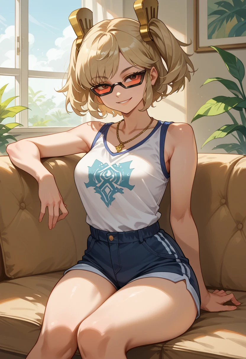 (masterpiece, best quality:1.2), cowboy shot, solo, Android 18 from Dragon Ball, collarbone, cleavage, ((slip-on one-shoulder crop top)), (light gray top:1.2), no jacket, midriff-baring, navel, ((white baggy pants with one button undone)), skimpy thong swimsuit, small breasts, short blonde hair loose, ((blue eyes)), ((wearing glasses)), earrings on earlobes, slender feminine figure, narrow waistline, skinny body, (plane black cap), (cap without logo), beach sandals, sunlight, walking, looking at viewer, light blush, arms behind back, Valletta's large Triton Fountain, baroque architectural style, natural lighting and shadows, blur background,4K
