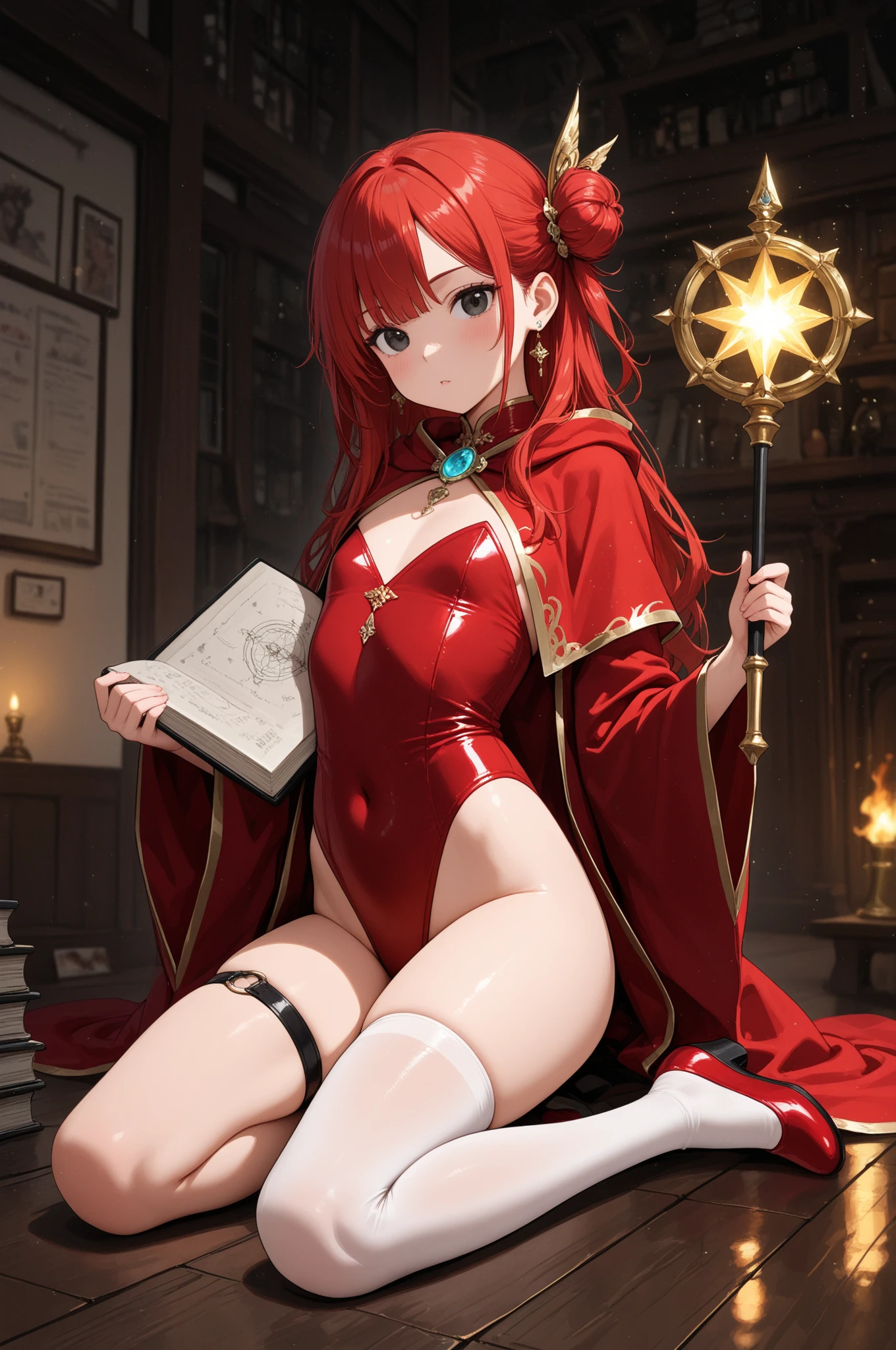 Role play King Glory hero Angela, Magic book in hand Fire Magician, theelementoffire, the sorceress casting a fireball, spellcasting pose， In the best quality, Masterpiece, Red hair, Double up braid, bunches, Wavy hair, dark magician girl, book, fingersmile, finedetail, offcial art, extremaly detailed cg ，short  skirt, White silk stocking, Cape, No panties, Big breasts, absurderes, Colorful, miko, Multiple girls, queen, Smug, Hand to mouth, Red hair, The hair was long, Red eyes, Wide eyes, Snake pupils, Evil smile, Crazy smile, Crazy smile, raised eyebrow, hair adornments, hair flower, Masterpiece, Best quality, Best quality, Masterpiece