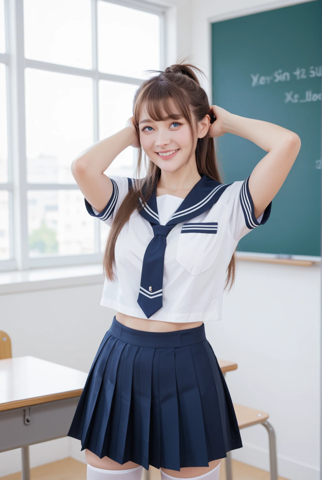 A girl standing in a school classroom,white sailor shirt and navy miniskirt,むちむちなthighs,15 years old,bangs,a little smile,thighs,share,knees,short hair、big breasts、Low - Angle、black knee highs、toothy smile