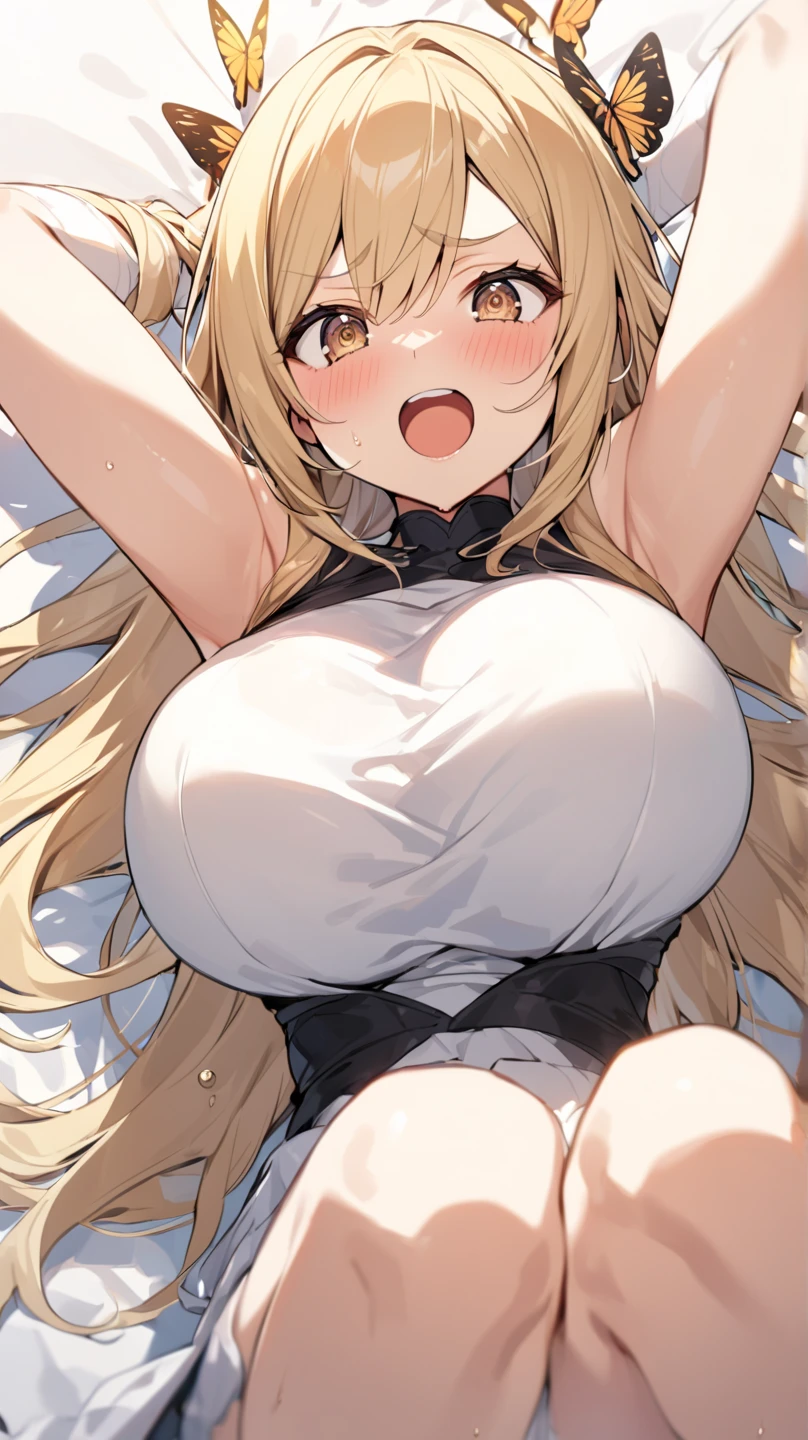 official art, no text, asuna \(blue archive\) \(oshi no ko\), breasts, very huge breasts, sexy, (grey white sweater), sweater lift, turtle neck, black bra, mature, smile, blue eyes, milf, looking at viewer, white background, sitting, close-up, upperbody to head, view from below, cinematic angle, depth of field, masterpiece, best quality, realistic light and shadow