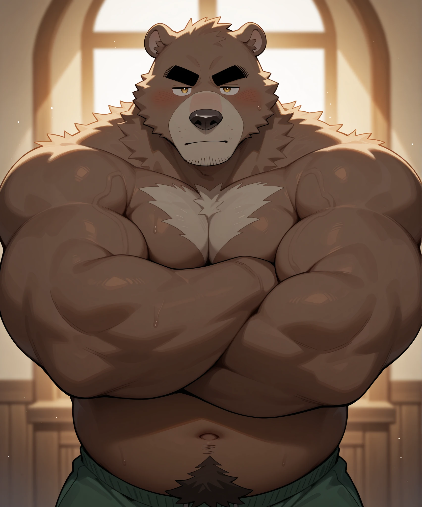 alone, looking at viewer, blush, short hair, 1boy, navel, animal ears, jewelry, underwear, full body, male focus, thighs, stomach, muscular, scar, thick thighs, underwear only, ring, thick eyebrows, pecs, muscular male, towel, bara, scar on face, hairy, big pecs, bulge, topless man, chubby, cigarette, smoking, hairy man, belly, male underwear, fat, bear ears, towel around neck, brown fur, scar on arm