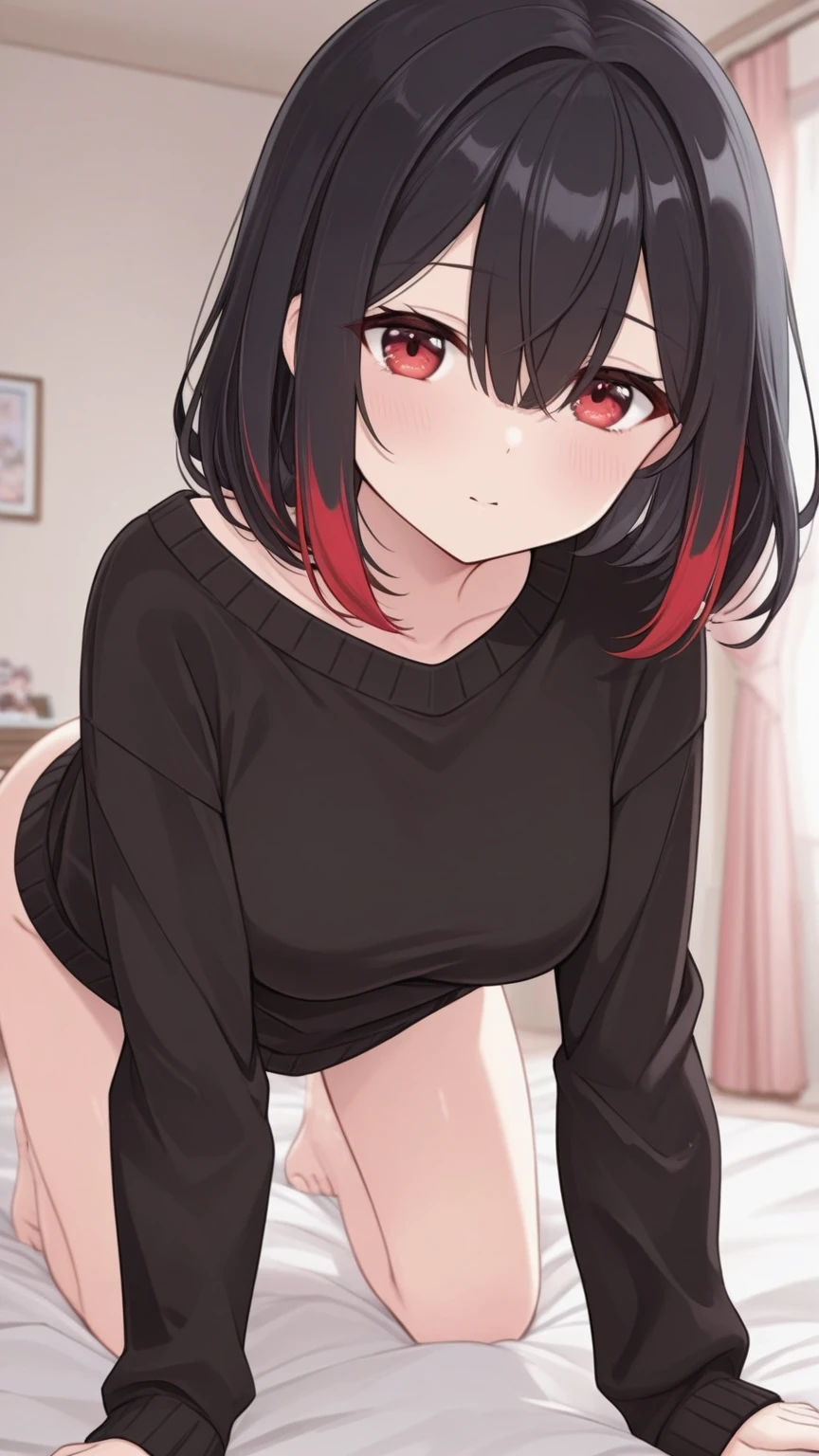 (best quality, masterpiece), 1girl, intricate details, small anime girl, black panties, black hair, pigtails, goth, standing, small breasts, cat pose