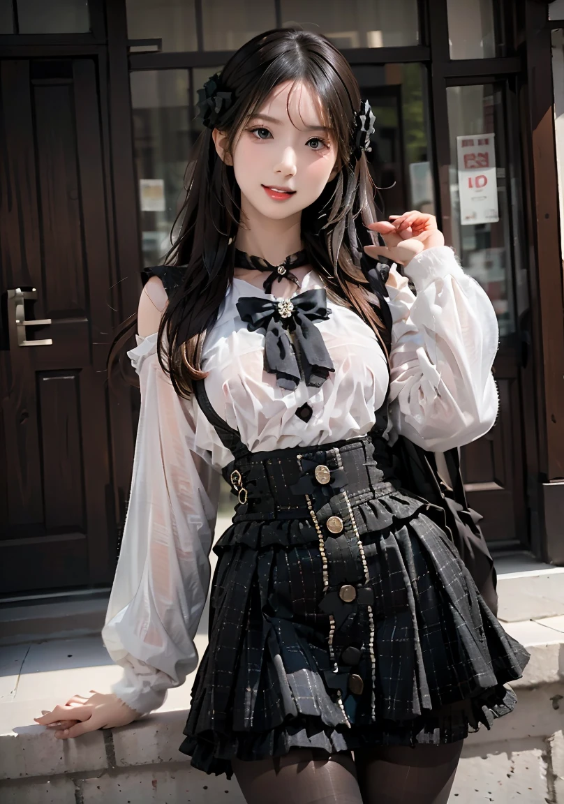 best qualtiy，tmasterpiece，超高分辨率，（Fidelity：1.4），（Ultra photo realsisim）， （A high resolution）， （8K），1girll，cropped shoulders，cinmatic lighting, ssmile,short detailed hair，Black shawl straight hair，46 points oblique bangs，High-definition detail、Hyper-detailing、cinematic ligh、ultra-realistic realism、Soft light、Deep field focus bokeh，s the perfect face，beauitful face，beautidful eyes，（（Perfect female body）），独奏，（immersiveatmosphere，lightand shade contrast：1.5，Bright light:1.2,lumnious),,(Blushlush:0.5),Enchanting expression,Ultimate detail_The eye,(medium thigh),(smallunderboob),Exquisite background,depth of fields,photorealestic:1.3,Faraway view,1girl,The shirt,pleatedskirt,School Uniform，Sit Pose，full bodyesbian，（ambient lights：1.3），（cinematic compositions：1.3），（neonlight：0.1），（HDR：0.1），emphasis lighting，White panty hose，