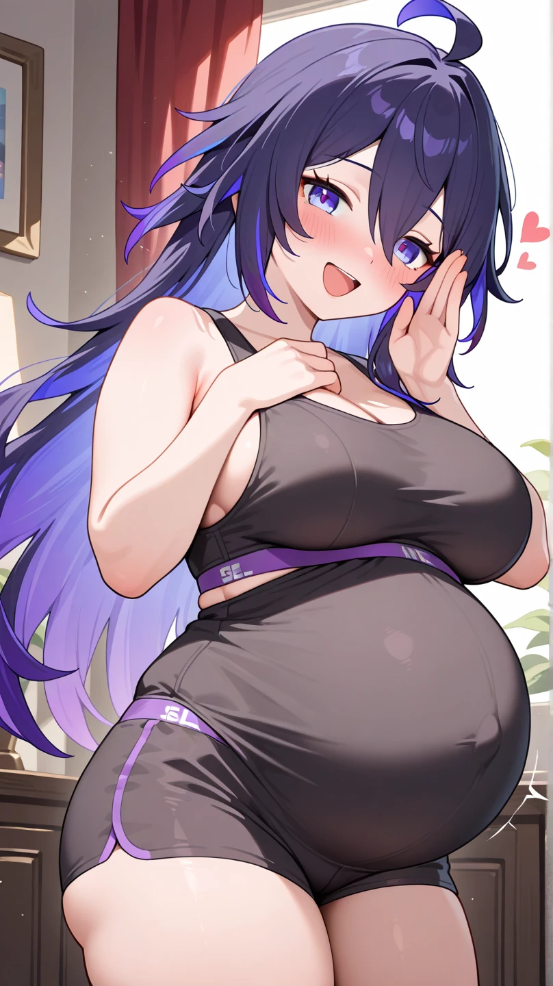 1 girl,22 year old girl, long hair,Brown hair, Inner hair color, blue hair, purple eyes, partially fingerless gloves, Hip belts, black gloves, hair accessories, skirt, bang, jewelry, pleated skirt, one leg, black skirt, frill, hairpin, necklace, gradient skirt, belt, without sleeves, happy,，(pregnant，huge breasts：1.8)