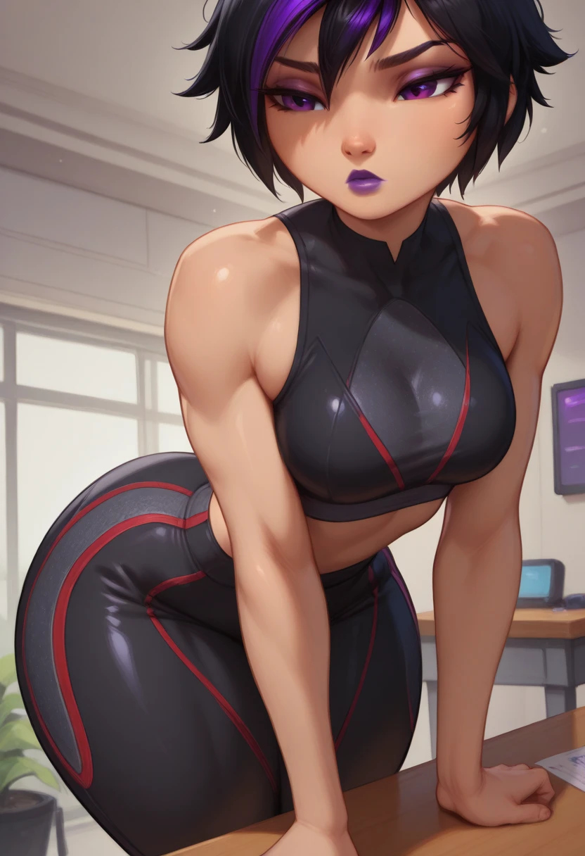 Masterpiece, Best Quality, (((Solo mature woman))), (((Black hair))), Ponytail, Large chest, huge boobs, massive breasts, wide hips, red eyes, tan, in the gym, push ups, in pain, doing push-ups cleavage, doing push-ups in gym on mat, bare feet, blushing, (((wearing purple with black Yoga pants and sports bra))) sweating, push ups
