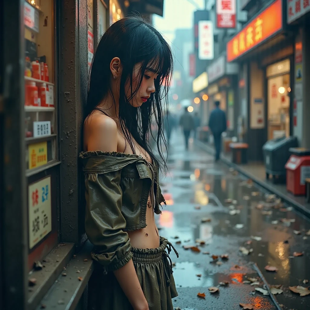 masterpiece, best quality, 2girls, (closeup:1.5), 18yo teen, slim, small breast, side view, walk knee-deep in water, sad, tired, dirty face, green raincoat, (backpacks), heavy rain, downpour, flood, wasteland, train station, industrial ruins, grey, desolate, rain, dark, watercolor, analog, ((open coan:1.4)), ((topless:1.3))