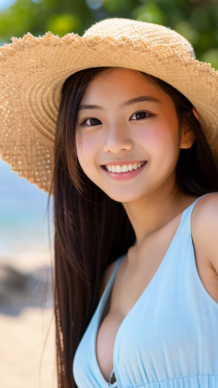 masterpiece,best quality,(Japanese ),((Beautiful girl)),cleavage,(perfect body beauty:1.2),(shy smile),beautiful teeth,(straw hat),(seaside),