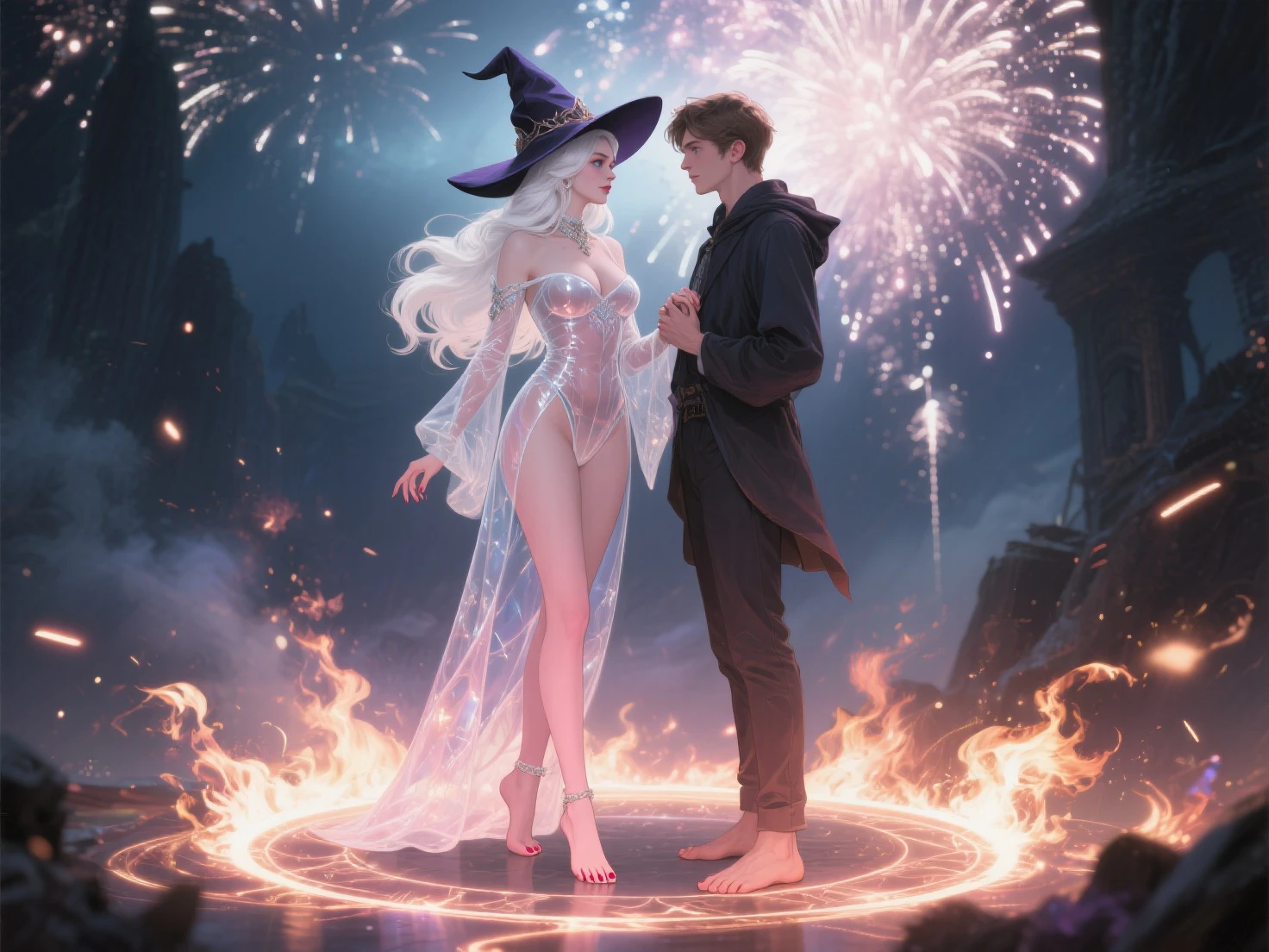 Blend fantasy and reality as 3D fireworks merge with ethereal fractal creatures, symbolizing the seamless transition from one year to the next.