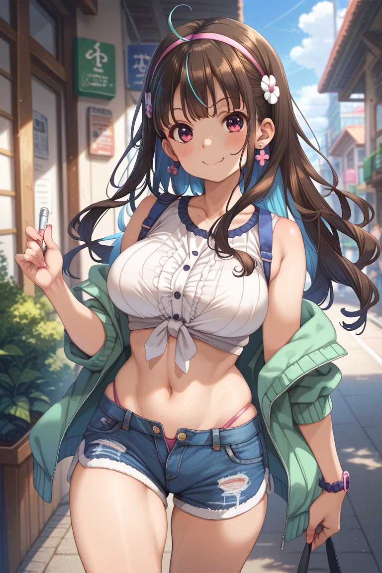 (masterpiece, Best Quality, ultra-detailed, high resolution, extremely detailed CG, official art, Professional Lighting, Perfect Anatomy, anime colors), (from below), ((Misty from pokemon)), looking at viewer, cowboy shot, perfect body, 24yo beautiful 1girl, medium hips, glamorous body,a small face,beautiful-makeup,Makeup light,Shortcut Hair,dark brown hair、Bust triple d Cup, Amazing Cleavage, thin waist, big ass, bubbly ass, round buttocks, Raised sexy, big breast: 1.2 posed cleavage:1.2, (off shoulders,Sportsbra,legginullnude), micro denim shorts, bare legs, nail_polish, pale skin, Waiting friend, (morning:1.5), tokyo, (convenience store:1.3), outdoor, (depth of field:1.3), contrapposto, (Hold a coffee in your hand:1.3),delicate beautiful face, Bright magenta eyes, cute eyes, sparkling eyes, Big eyes, (big breasts:1.3), (perky chest:1.1), (pointed chest:1.3), looking at viewer,
