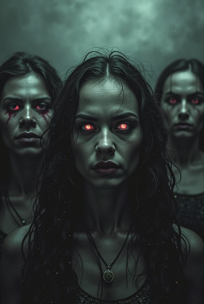A dark, symbolic scene of multiple women under the Jezebel spirit’s influence. Each woman displays a mix of haughty, domineering, or subtly manipulative expressions. Their eyes glow faintly in red or violet, signifying corruption. Dressed in dark, elegant attire, ghostly hands emerge from the shadows, representing the Jezebel spirit’s control. The background is a stormy sky with flashes of lightning, heightening the ominous atmosphere. Each woman emits a faint, ghostly glow, highlighting the spi