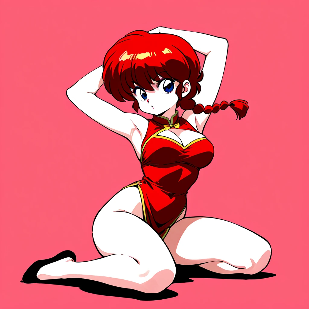 RanmaChan, cabello rojo, Cabello con trenza, ojos azules, ojos detallados, gateando en el piso, Costume】【Cosplay】More Revealing Sideless China Dress, saltando de felicidad, cara alegre 