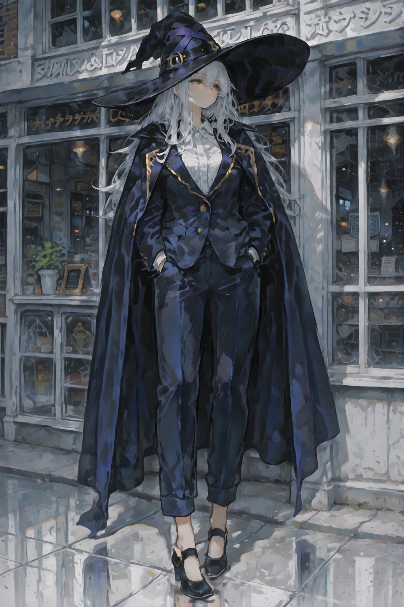 A stylish and confident office worker in her mid-twenties, dressed in a well-tailored navy blue business suit, a crisp white blouse and low-heeled black pumps, stands calmly outside a large storefront window in a modern city, hands in her pockets, gazing at her own reflection in the glass. Her other self, wearing a fantastical gold-trimmed velvet wizard's cape and pointed hat, is faintly reflected there, hands in her pockets. As if revealing her secret alter-ego, the city streets and towering skyscrapers blur in the background, lending a sense of magic and whimsy to the urban landscape.Semi-Realism anime Illustration,(masterpiece, best quality,supper fine real illustration