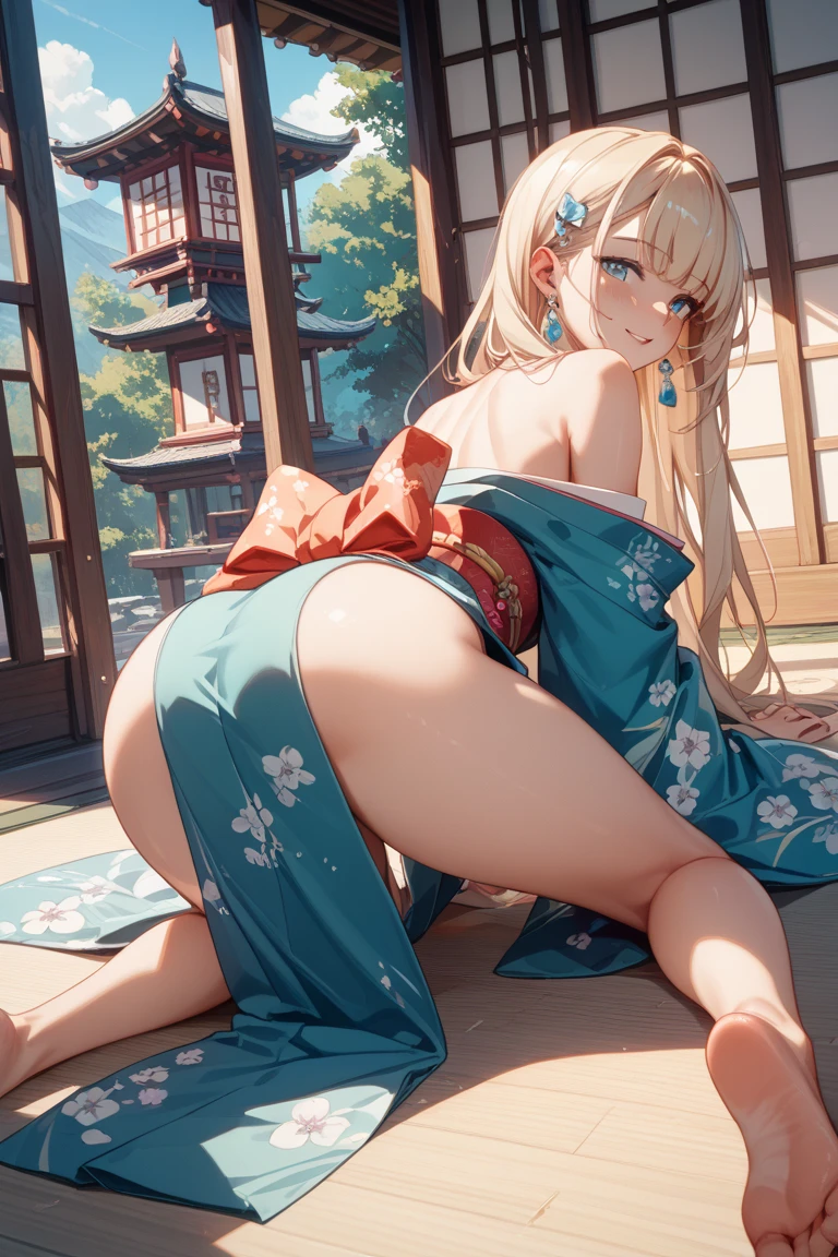 (masterpiece:1.2), (Highest quality:1.2), One girl, Large Breasts, Blonde, Long Hair, Sunburned skin, Dark Skin, View your viewers, Captivating smile, Off-shoulder red kimono, 
Sideways buttocks, ~ side, Spreading pussy, Spread your ass ,Put your hands on your own buttocks, anus, vagina,
On the tatami, Japanese style living room,