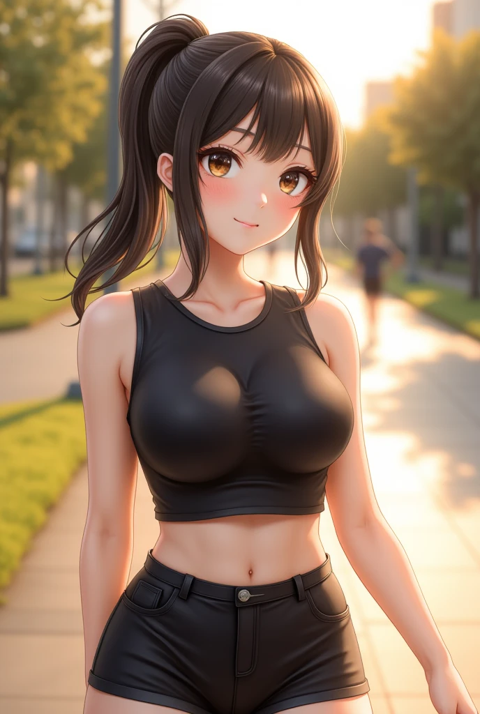 anegasaki nene、Shiny brown hair, short hair, (Beautiful brown eyes、Sparkling eyes, Fine grain)、smile、Ultra-detailed eyes、Highly detailed face, Highly detailed eyes,



(masterpiece, Highest quality, High resolution, 超High resolution, Pixel perfect, Depth of written boundary, 4K, RTTX 10.0, High resolution))),
Only one female, (Explore the city), (Stylish clothing) (Fresh and sporty clothing), Mature Woman, /(belly button/) 
bangs, 優しいsmile, (masterpiece Highest quality:1.2) Delicate illustrations, super detailed, large breasts break (carrying a designer bag) break (Populated downtown) Outdoor, noon, Crowded, Detailed Background