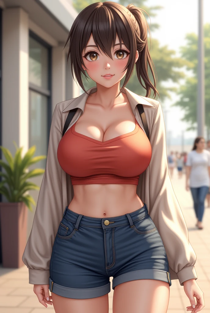 Photorealistic, Skinny, thick,  (full body:1.8), low angle, (seen from below), a spanish young woman, (long sleeve v-neck wool sweater:1.8), (thight low rise jeans), a hyperrealistic beautiful young girl with grayish blue eyes in glasses, (small chest:1.8), (cleavage:1.5), (hips and groin showing: 1.5), (cameltoe:1.5), high detailed official artwork, beautiful girl with slim body and sensual posture, long legs, attractive young woman, (atractive poses:1.3), (crossed arms holding the  up enhancing her cleavage:1.8), at bench in the (natural foggy forest:1.2), natural background, dubnitskiy david fanart, realistic portrait, smooth photorealistic, perfect visual of a cute girl, cute girl with skinice soft face, face focus, makoto shinkai and artgerm, photon mapping, natural light, warm color tones, vivid colors, cool ambient, foggy atmosphere