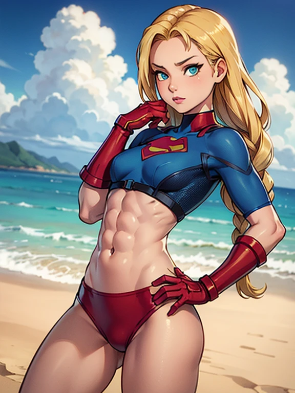  slim, large breasts, toned body, girl, blonde supergirl(wearing supergirl bikini) laying down flat, floating on her back in the sea, only her face and breasts are above the sea, the sea covers her body.covers her arms, legs, abdomen and hair.Protruding erect nipples.pinup poses