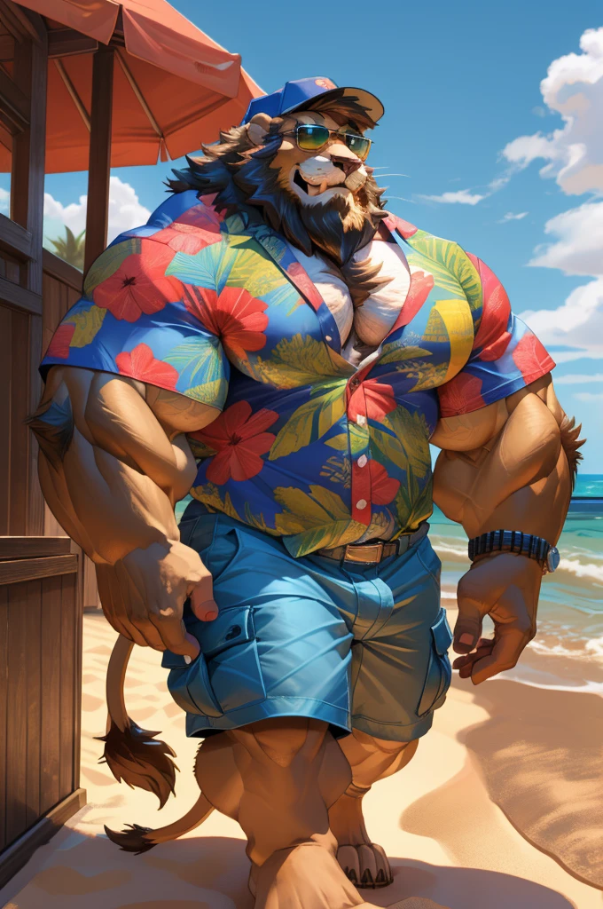 1boy, 1man, solo, a potrait (furry lion), (face, detailed face, bearded, white beard, thick mustache), (sunglasses), baseball hat, beach, extremely huge muscular, massive muscular , sixpack , (Hawaiian shirts, cargo shorts), well-muscled old man. ((extremely muscle size, super thick arms, huge pec, hyper pec, bigger chest, extremely wide pectoral , huge arms)), wide smiling. Add textures and details to make the image more realistic, such as the appearance of the. Make sure the resulting image is high resolution, 8K quality