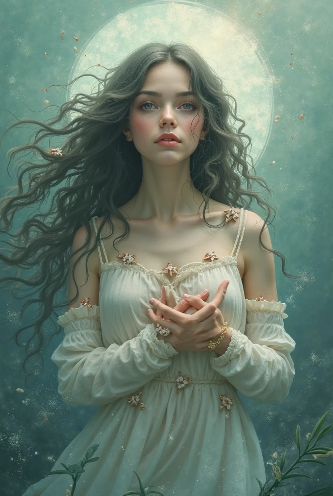 A beautifully tragic scene unfolds as a peasant girl gracefully navigates through a solemn landscape strewn with the lifeless bodies of noble knights. The image, perhaps a sorrowful painting, captures the delicate balance between beauty and sorrow. Each step she takes is filled with ethereal grace, her flowing gown contrasting against the darkened earth. The girl's youthful visage, untouched by the horrors surrounding her, shines like a beacon of hope amidst a sea of despair. With exquisite attention to detail, the intricate brushwork brings life to her radiant features and the fallen warriors' armor. This mesmerizing artwork conveys the fragile juxtaposition of innocence and mortality, leaving viewers captivated by its profound storytelling.