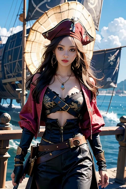 Depict Quinn from League of Legends in her Corsair skin, massive k-cups,with a swashbuckling pirate theme, complete with a tricorne hat and nautical accessories. Show her executing her Skystrike ability, raining down arrows from above while Valor circles the enemy