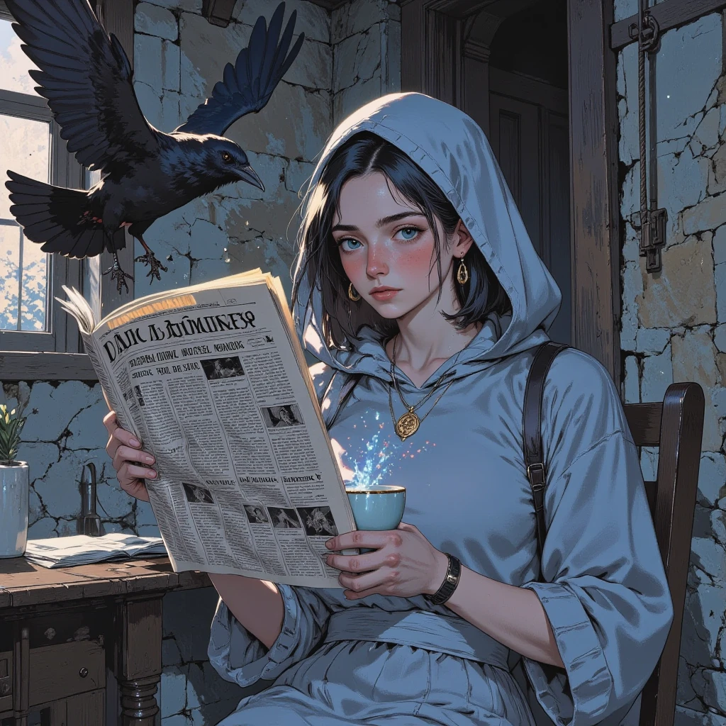 Comic book illustration,renfri, a woman,masterpiece, best quality, anime style, mid-shot composition slightly tilted left, showing a tired young mage seated indoors, posture relaxed and slouched, right arm extended holding a delicate white porcelain cup with gold trim and glowing amber runes, vapor rising slowly in luminous magical particles

wearing a heavy wrinkled tunic, hood draped over her head casting soft shadows across her sleepy face, round glasses slightly crooked reflecting pale morning light, messy strands of hair falling over her forehead, subtle dark circles and half-lidded eyes conveying fatigue, ancient arcane pendant around her neck and glowing rune bracelet on wrist

a mystical raven with translucent shadow-light wings flies horizontally toward her, newspaper held in beak, trailing silver sparkles behind; newspaper wrinkled, gothic headline and arcane corner illustrations faintly visible

background: rustic stone wall with moss textures and faint cracks, soft diffuse dawn light entering from upper left, casting pale pink and soft blue hues across the scene, long cinematic shadows, old worn rug, broom rack and small iron-bound chest in corner

palette: cool tones of pale blue, gray and desaturated mauve with warm accents — amber rune glow, golden highlight on newspaper edge, creating balanced visual rhythm

mood: quiet, atmospheric, slightly melancholic and whimsical — a moment of arcane domestic ritual suspended in fatigue