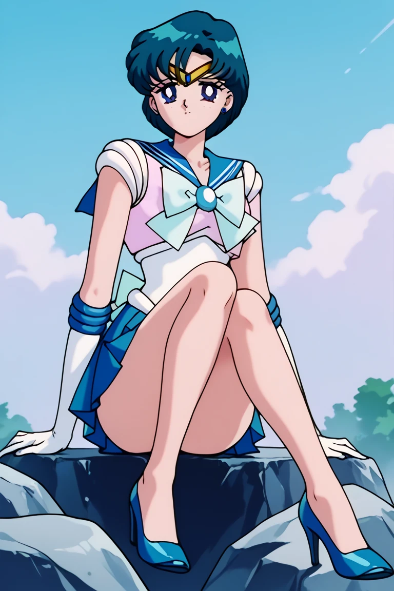 masterpiece, best quality, very aesthetic, absurdres, Sailor Saturn XL, 1990s \(style\), perfect face, perfect composition, moist skin, intricate details, beautiful detailed eyes, 1girl, solo, short hair, black hair, purple eyes, flat chest, skinny, sailor senshi uniform, jewelry, star choker, bow, back bow, star brooch, purple sailor collar, tiara, earrings, white elbow gloves, purple miniskirt, embarrassed, blush, open mouth, cameltoe, pussy juice, white panties, (pantyshot:1.2), wind lift, sexy pose, outdoors, street, blue sky, wind, sunlight, from below, from behind,