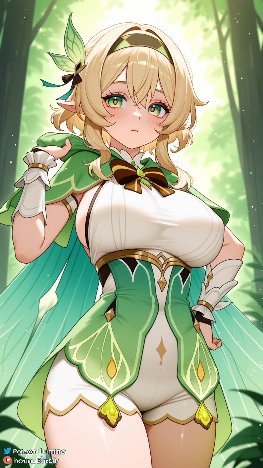 （One girl）、((short hair))、((Blonde))、[[Genshin Impact]]、Anime Style、(beautiful girl)、medium breasts、plump、[Big thighs]、green eyes、wizard、Black Vest、Leggings、White sleeveless、((hairs between eyes))、(long gloves)、say、((see-through))