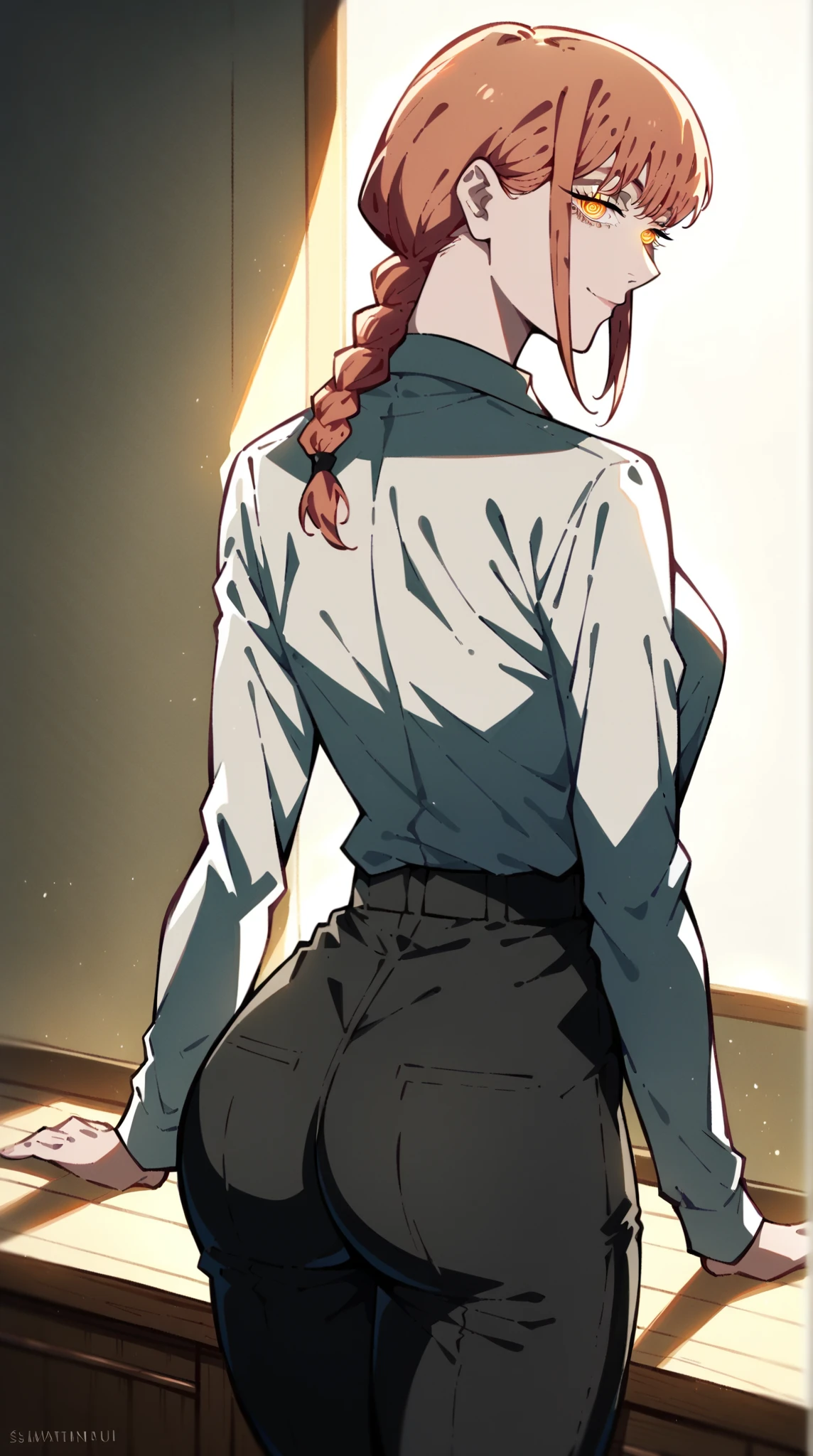 Koyomi Mizuhara, Brunette hair, glasses, huge breasts, sleeved shirt, medium ass, biker shorts/ black thong, hot outfit, back of view, skinny body, healthy figure, looking back, smirking look