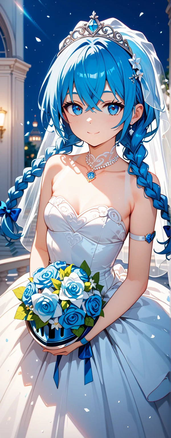Prinz Eugen，((Masterpiece)), (((Best quality))), ((Ultra-detailed)), ((illustration)), ((Disheveled hair)), ((frilld)), (1 girl), (Solo),  Bare shoulders ， Blue hair ， Bouquet ， choker necklace， 鎖骨 ， Clothing ， dress ， Elbow gloves， Female ， flower ， frilld， Collection， mitts，  hair between eye， Headgear ， Holding， holding flower bouquet ， holding object ， Light smile， view the viewer， Red eyes， Short twin tails， No shoulder strap ， Strapless dress ， hair tying，  double tails， two hand ， (Wedding dress:1.2)， a white choker ， White dress， White gloves， a white choker ， white sash ，