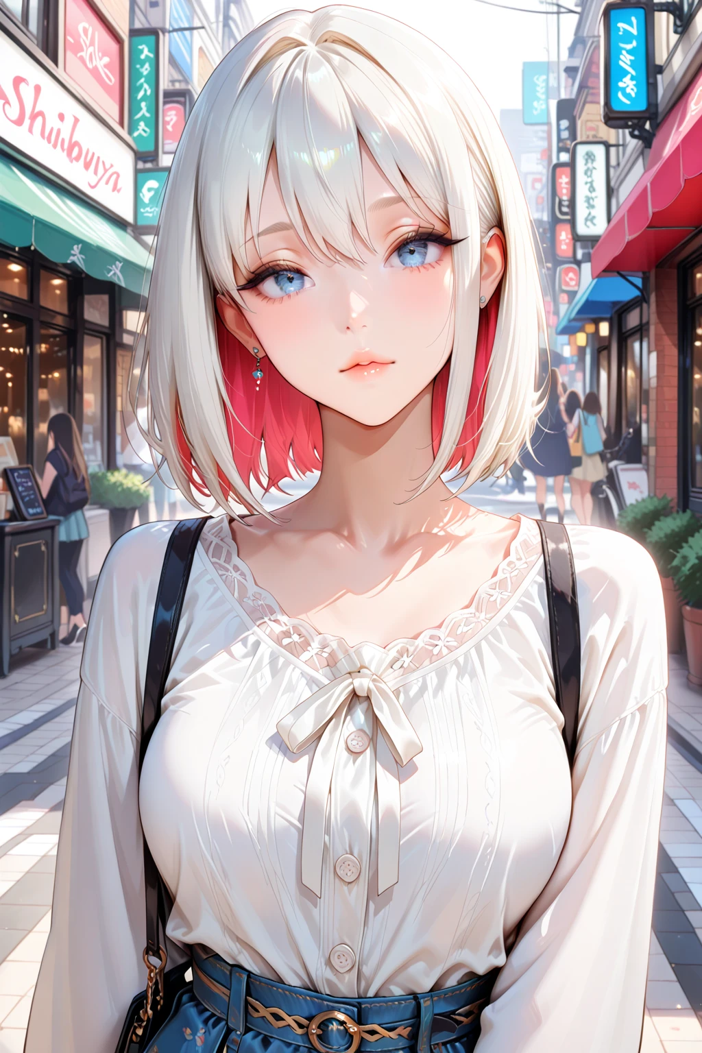 highres, highest quallity, illustration,  ultra detailed, (detailed face), (detailed eyes), soft lighting, best quality, hazy glow, dreamy atmosphere, hyper detailed, masterpiece, 1girl, solo,black long hair, (black eyes:1.2), (white tank top:1.0), luminous eyes, (colorful),from below, outdoors, clouds, tall buildings in background, industrial, public transportation, urban, concrete, sidewalk,summer, black choker, silver bracelet,(wet:0.8),(sweat:0.8) ,(parted lips:1.3),backlighting, Radiant Sunset, Golden Embrace, Vibrant Twilight, Ablaze in Colors, Serenading Sun, romantic, looking pleasured,  (Beaming face,:1.2), (embarrassed,blush:1.3), Gleaming eyes, Sparkling gaze, Genial smile,(looking at viewer:1.2), big laugh, great joy