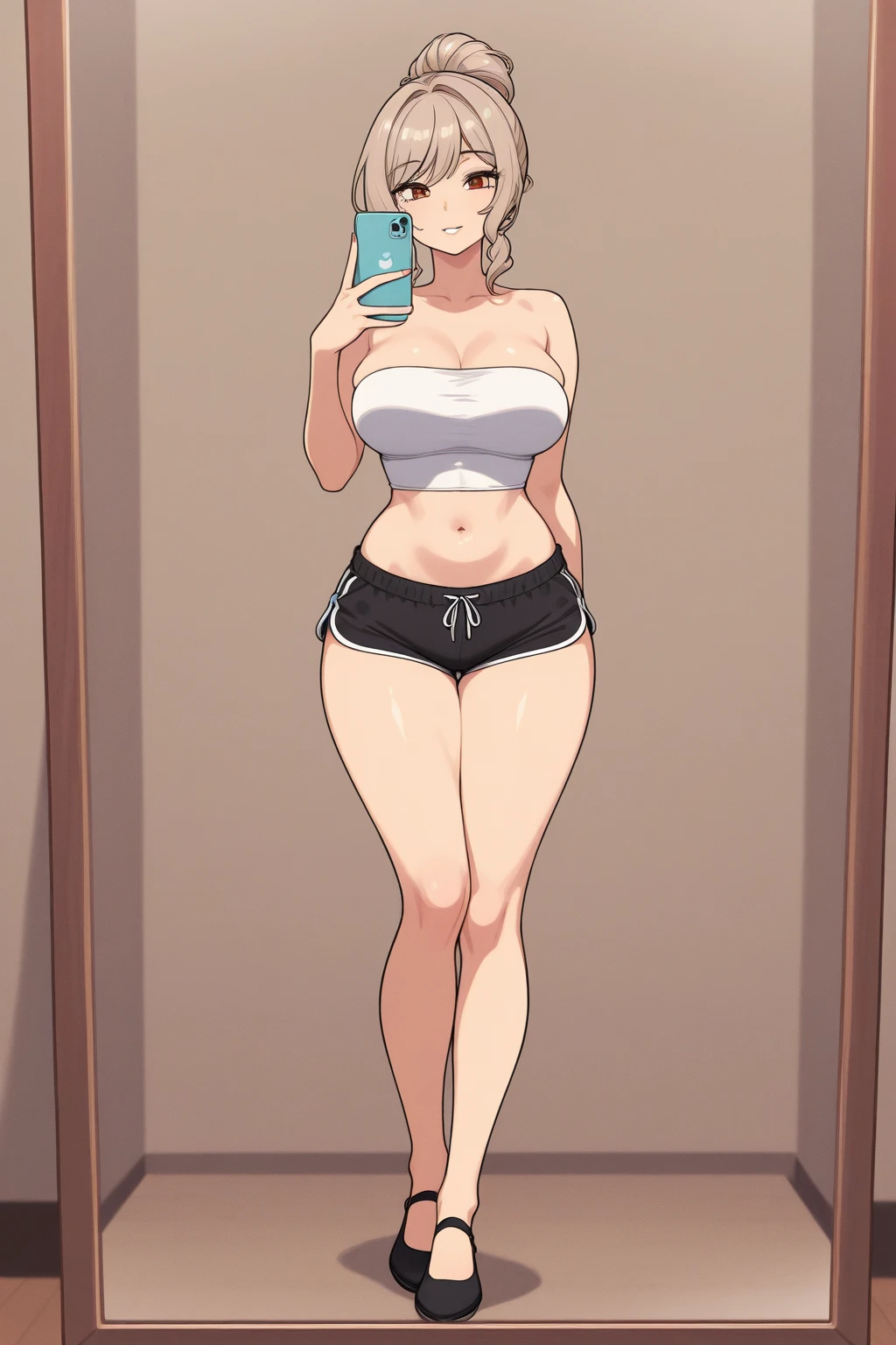 1 woman, wavy orange hair, green eyes , Seductive face , glasses , white tank top , black panties , abdomen, big breasts , Extend your arms up. , Long legs , canvas shoes , convenience store ,