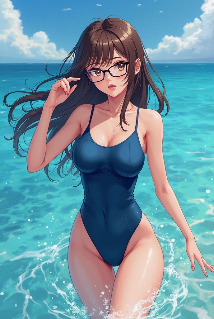 Wang Xiumin,1girl, solo, long hair, looking at viewer, blue eyes, brown hair, black hair, sitting, swimsuit, bikini, parted lips, glasses, indoors, blurry, lips, wet, bare legs, innertube, realistic, round eyewear, hand on own knee