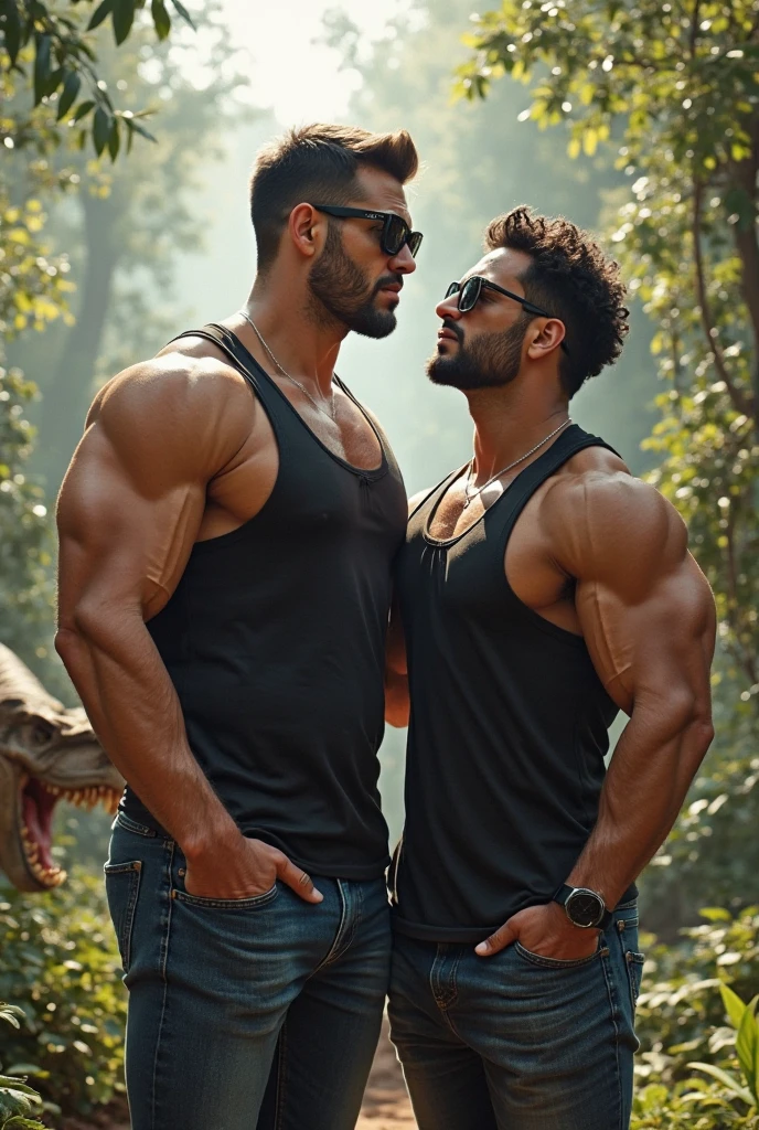 a muscular man with sweat pants on standing in the wilderness with two lions standing next to him