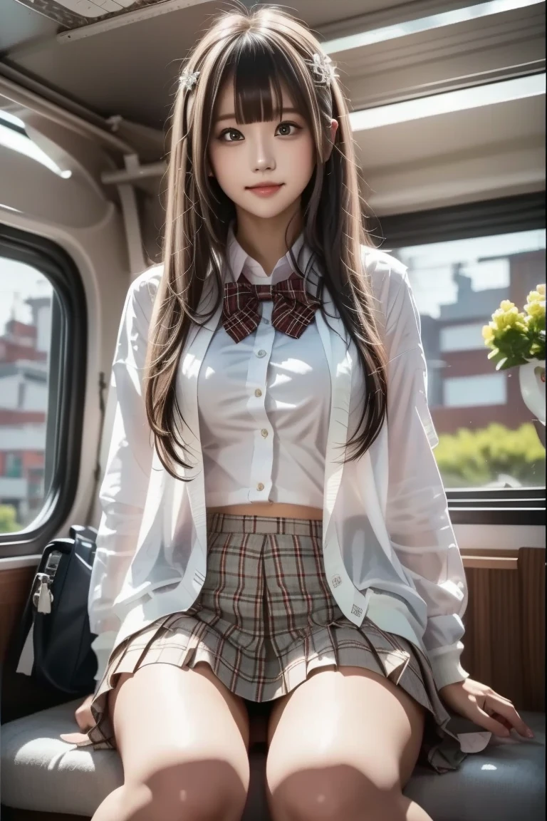 realistic, High resolution, soft light,1 female, alone, waist rises high, (detailed face),(Female student)((Girl sitting on train)),colorful hair、shortcut,wear、(white blazer emblem on chest)、(white blouse)(red bow tie)(check skirt),long hair、(ponytail)、((Upskirt))、(I can see pink panties)、(eyes closed),(legs open)
