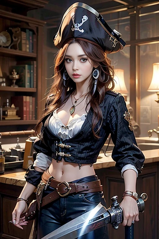 8K,Masterpiece,One woman,Standing in the cabin of a pirate ship,白いpanties,Fantasy otherworldly character ,(legs wide open),8K,Masterpiece,(One woman),On the bed,panties,Female pirate crew member,(female knight),Medium Hair,blue eyes, Realistic, Sci-fi fantasy,Game characters,Slender figure,Small breasts,Cleavage,Separate outfits,steampunk,Wine red costume,Pirates of the Caribbean,Pirate costumes,Color variations,