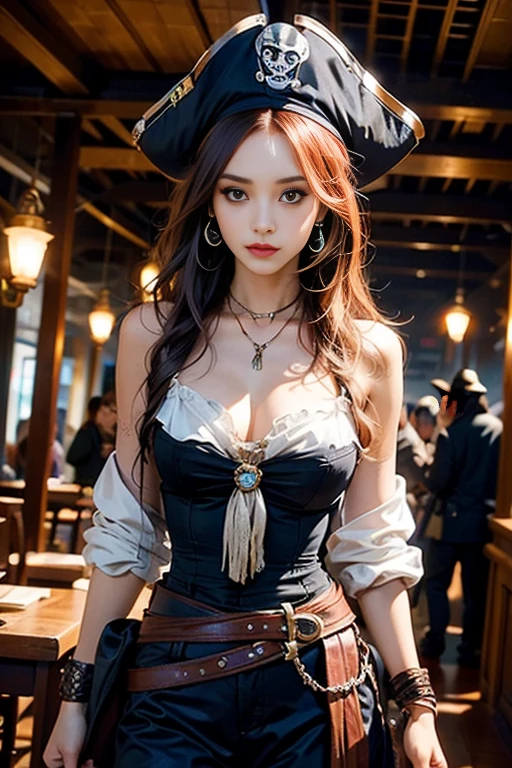 (best quality), (masterpiece), (1girl), solo, beautiful girl, perfect face, perfect body, big breast, pirate costume, cool pose, in the pirate beer pub