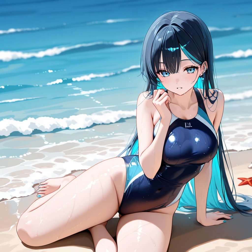 official art、Highest quality ultra-detailed CG art、beautiful girl：１.２）、blue hair、shiny hair、smooth hair、big blue eyes,Midsummer、cute、The sky is beautiful、medium cut、white competitive swimsuit、smooth clothes、smile、It is characterized by its simplicity、naked、