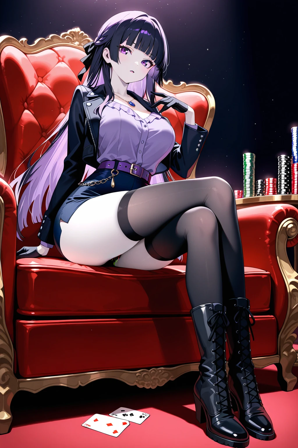 (best quality:1.1), (Masterpiece:1.2), high quality light, beautiful details, Beautiful face, detailed eyes, depth of field, high resolution, best shadow, best light, 1 girl, see the audience, shiny purple hair, smooth, blunt, long hair, (wavy hairstyle), pink eyes, shy, very big breasts, pump, Lace underwear, black leather jacket coat, black leather skirt, Raise your skirt, Lace panties* table, mirror, liquor bottle, night time, rift, pub bar background, sexy, cool, throw, Cool ,Ear jewelry, Sitting with legs spread apart, sofa, black stockings, Open your mouth slightly.