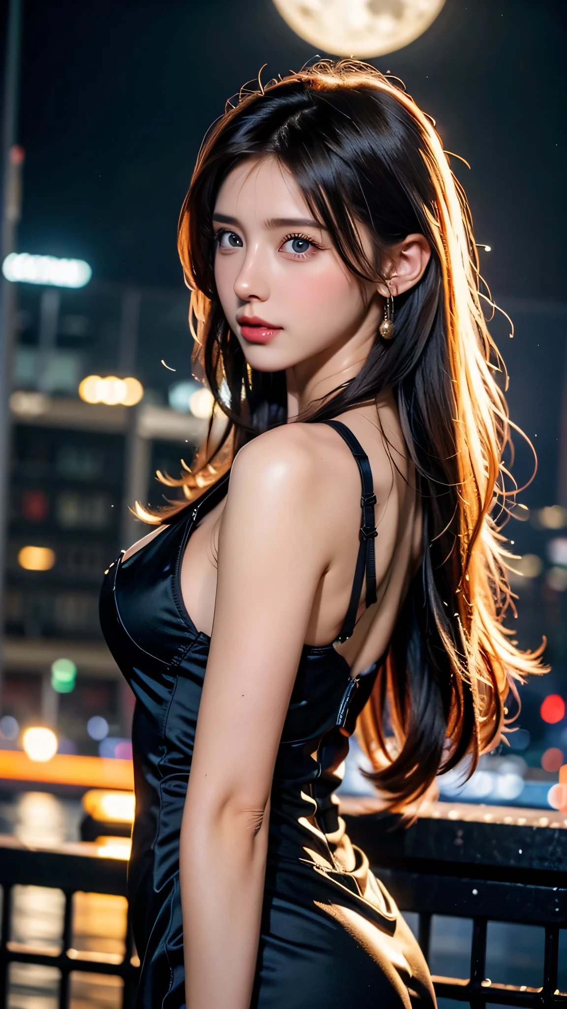 ((best quality, 8K, masterpiece :1.3)), (Clear focus :1.2, Beautiful Women in Perfect Shape :1.4, Slim abdominal muscles :1.2), ((Large Breasts, Emphasize cleavage:1.3)), (PhotoPractical:1.4), (Practical:1.4), (Long hair hairstyle, Light brown hair:1.5), Highly detailed face and skin textures, Fine particles, Double eyelids. Makeup, A little lipstick, Sexy, Sexy雕刻姿势, ((A beautiful woman in a black evening dress、Shot on the back,City skyscrapers in the background。She wore a simple bracelet on her wrist.。:1.3),Breasts visible from the side,Butt