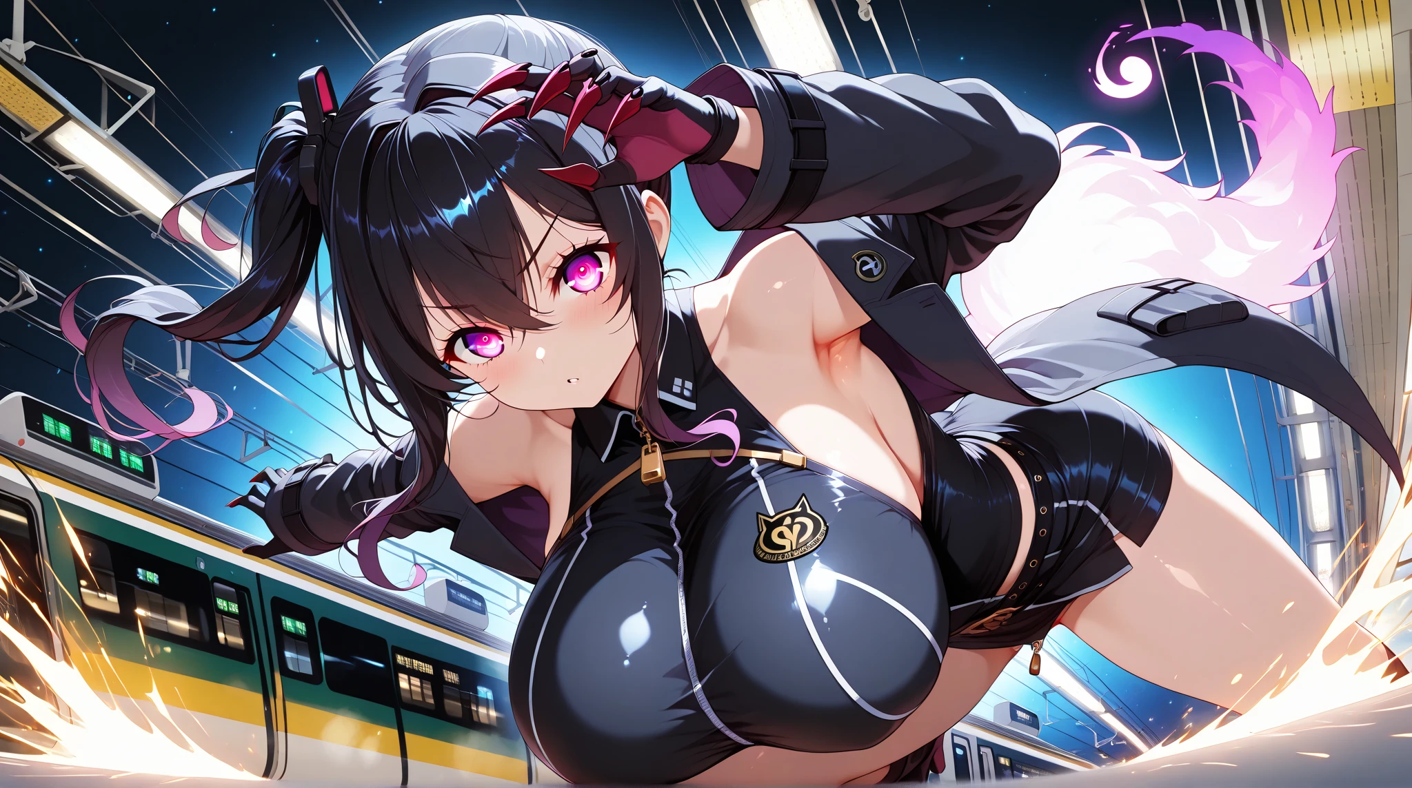 8k,masterpiece, cute,tall,beautiful,best quality, 1lady,black hair,long hair, beautiful eyes, (finely detailed pupils and detailed face),,,,extremely detailed cg unity 8k wallpaper,solo,(latex military costume:0.9),large breasts,seductive smile,military hat,latex thighhigh,large breasts,black hair,pink eyes,pink leotard,pantyhose,military coat,enamel suits,grossy lips,sitting,,sadistic smile,,heel,shiny skin,military coat,detailed face,beautiful body,full-body,adult,