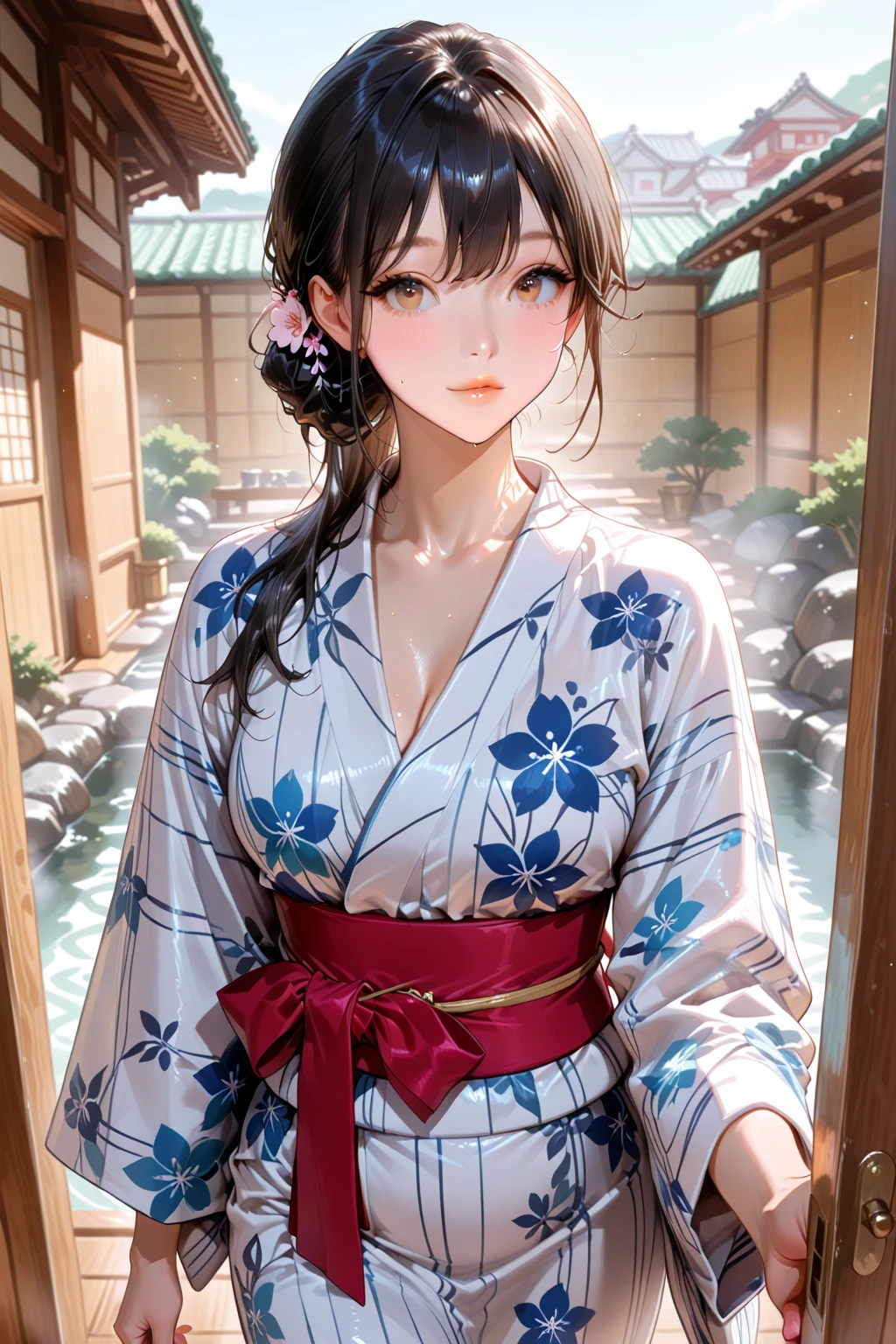 masterpiece, 1 beautiful girls, detaileds, top-quality, 超A high resolution, (Realistis: 1.4), OriginalPhotographs, 电影灯光, A smile, Asian Beauty, very extremely beautiful, Slightly younger face, Beautiful skins, slender, (A hyper-realistic), (hight resolution), (8K), (ighly detailed), (The best illustrations), (beautifully detailed eyes), (ultra-detailliert), (wall-paper), (详细的脸), looking at the viewers, fine detailed, A detailed face、pureerosfaceace_v1、46-point diagonal bangs、beautidful eyes、Beautiful charming anime girl with open mouth、(in onsen:1.5)、(Nice yukata:1.5)、(Hair bun:1.5)、(from below:1.5)