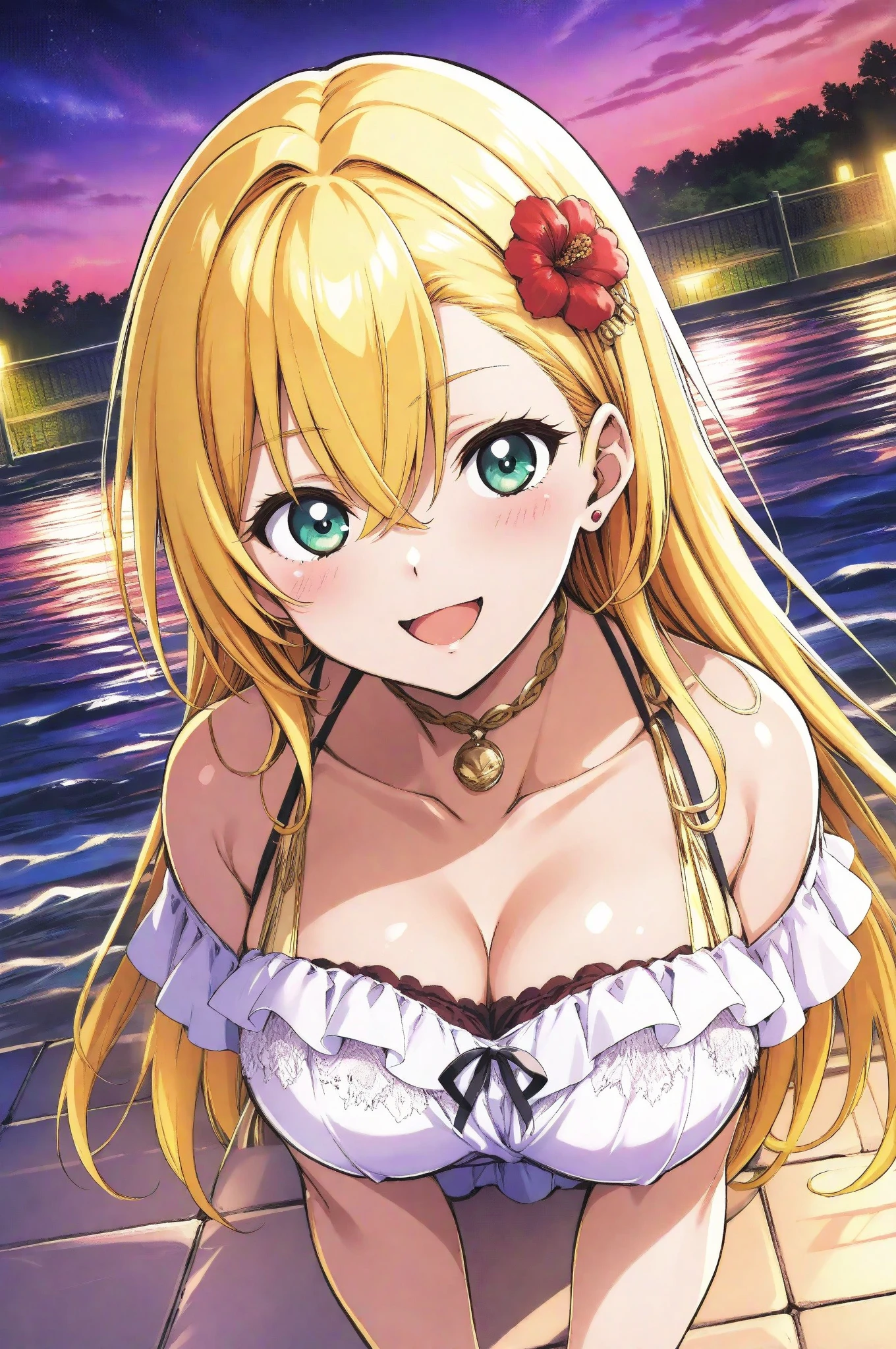 elisha, 1girl, solo, long_hair, breasts, looking_at_viewer, smile, bangs, blonde_hair, large_breasts, hair_ornament, dress, bow, ribbon, cleavage, hair_between_eyes, bare_shoulders, brown_eyes, jewelry, medium_breasts, collarbone, yellow_eyes, upper_body, flower, sidelocks, sky, cloud, hair_flower, necklace, white_dress, blue_sky, window, makeup, alternate_hairstyle, blue_bow, chair, hair_intakes, white_flower, blue_ribbon, lipstick, off-shoulder_dress, pearl_necklace
