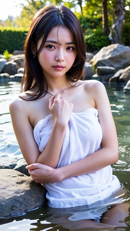 ((Browsing Caution))、最high quality、high quality、Best image quality、8k、最High resolution、High resolution、最high quality、masterpiece、far and near method、Detailed and realistic human body、Detailed and realistic skin、Realistic face in every detail、Realistic reproduction of every detail、Detailed and realistic lips、Detailed and realistic teeth、Detailed and realistic ears、Detailed and realistic hair、Detailed and realistic arms、Realistic reproduction of every detail、Realistic fingers in every detail、(Beautiful Hands、thumb1reference4)、Realistic feet down to the last detail、((Beautiful Japanese Girl))、(Japanese Model), (Japanese women)、((18 year old beautiful girl))、(Black Hair)、(Random Hairstyles)、(Sexy Looks)、((whole body))、((Beautiful upward-facing breasts))、(Slim Style、Slim fit)、(whole body glossy skin、Fair skin)、((Wrap a thin white towel around your body.))、((Thin towel(Her skin is visible through the wet thin towel.))、(The shape of her nipples is clearly visible through a wet thin towel)、(The shape of her pussy is clearly visible through the wet thin towel.)、((A wet thin towel sticks tightly to her skin.))、(Soft natural light)、((Deep in the forest(Natural hot springs gush out))、((Hot springs surrounded by rocks))、((deep bathtub(deep hot spring))、((Onsen Girls))、((Enter the hot spring))、((A woman warming herself in a hot spring))、((Soak in a hot spring))、((腰までSoak in a hot spring))、((Extremely clear hot spring water))、((The main body seen from the water surface))、((A hot spring filled with thick steam))、((A lot of steam rises from the hot spring......))