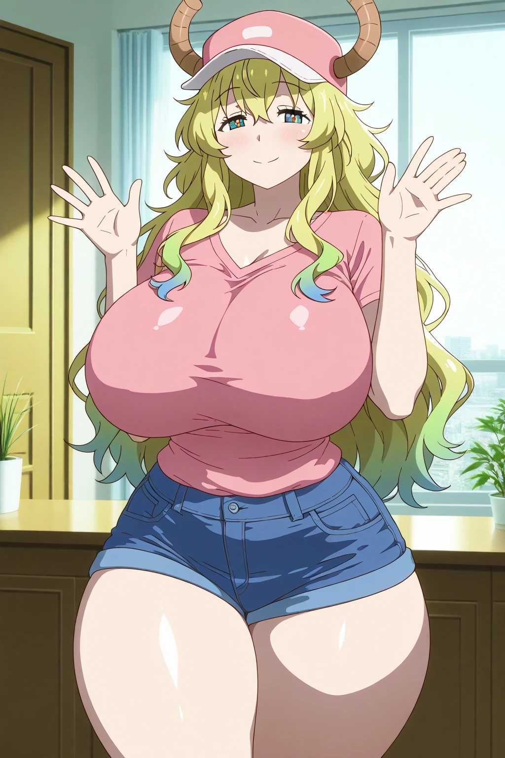2heads, a short chubby woman with 2 heads. She has four giant breasts. She is in a bedroom. She is wearing a bra and panties. She has long blonde hair in a ponytail. She has four huge breasts. She is relaxed. She looks mature. She is extremely short. She looks nervous and embarrassed, covering breasts with arms. She has two legs with thick thighs. She is wearing eyeliner. Nerdy, shy.